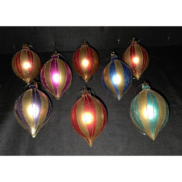 Vintage Glass Teardrop Christmas Ornaments with Gold Stripes and Glitter - Picture 2 of 11